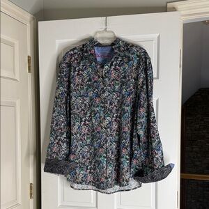 Robert Graham Blue and Gray Striped Shirt. Floral XXL. AOP